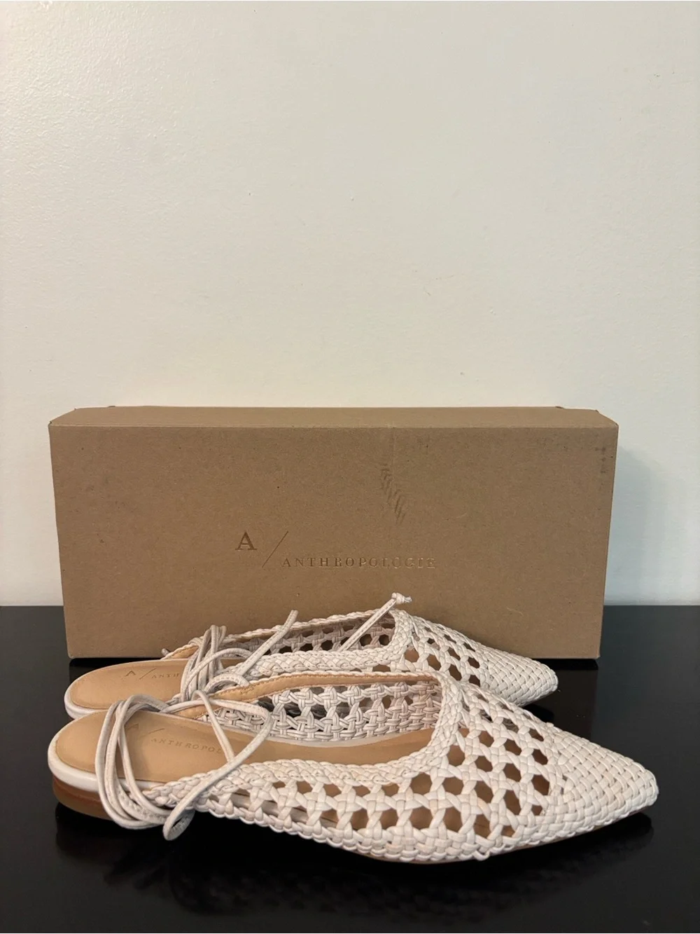 Anthropologie Minghui Woven Leather Pointed-Toe Lace-Up Flats